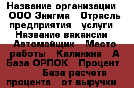  › Название организации ­ ООО Энигма › Отрасль предприятия ­ услуги › Название вакансии ­ Автомойщик › Место работы ­ Калинина 29А База ОРПОК › Процент ­ 35 › База расчета процента ­ от выручки › Возраст от ­ 18 › Возраст до ­ 45 - Приморский край, Владивосток г. Работа » Вакансии   . Приморский край,Владивосток г.